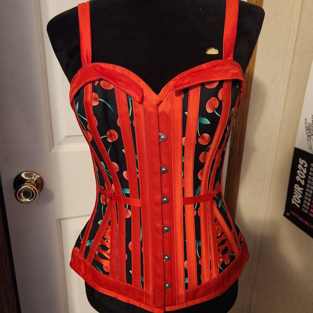Black and Red Cherry Corset Story Corset UK Size 12